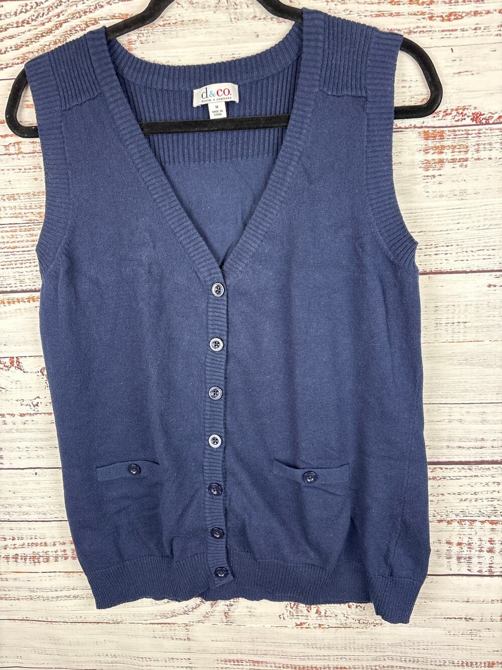 Denim & Co Navy Blue V-Neck Button Up Cardigan Sweater Vest D & Co Womens Sz M